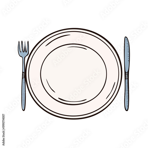 Overhead view of a dinner plate with fork and knife ready for a meal
