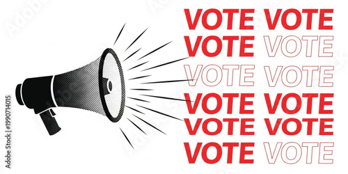 Vote Campaign Concept with Megaphone and Repeating Vote Text for Election Awareness Political Participation Promotion Design