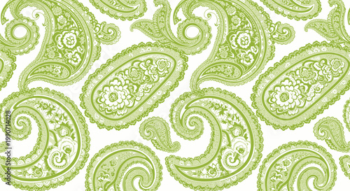 An intricate lime green paisley pattern with floral and swirl elements