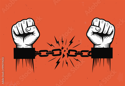 Strong fists break heavy metal chains on a textured orange background representing freedom and liberation