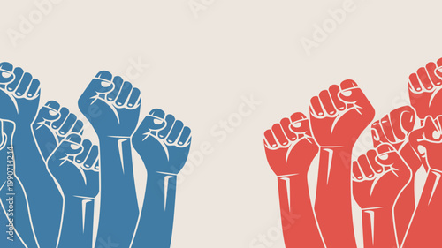 Stylized blue and red fists reaching upwards on a plain background representing various forms of resistance
