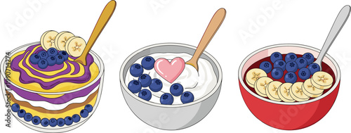 Cartoon Fruit and Yogurt Bowls with Bananas, Blueberries, and Cream Layers for Culinary, Healthy Eating, and Educational Media Designs
