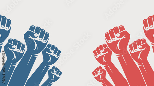 Stylized illustration shows many blue and red fists raised against a pale gray background, conveying strength