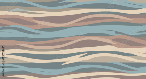 Abstract wavy bands of muted blue, brown, and cream hues create a sense of layered movement