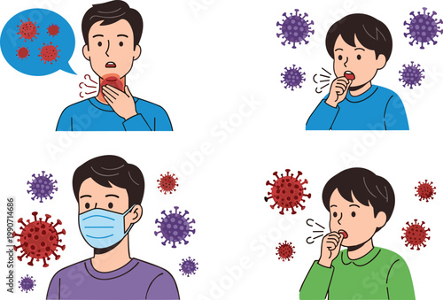 Cartoon Characters Showing Viral Infection Symptoms and Mask Protection with Germ Spread Awareness for Health, Safety, and Educational Media Designs