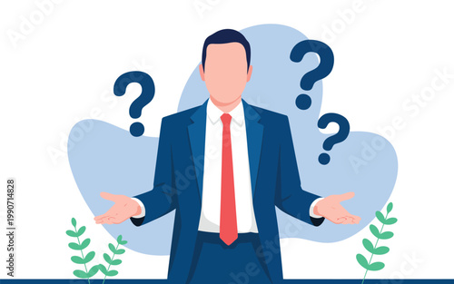 This illustration shows a puzzled executive in a tailored blue suit questioning a situation with open palms