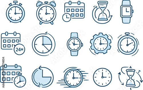 Minimal system time icons collection displaying various clocks stopwatch hourglass and calendar

