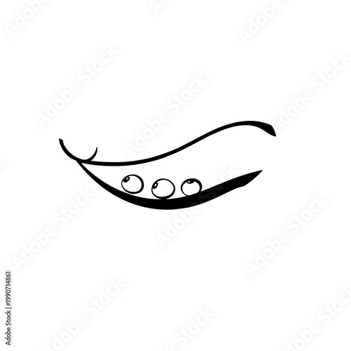 Minimalist black and white illustration of a pea pod with three peas inside on white background