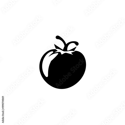 Minimalist black and white illustration of a ripe tomato with green leaves and stems on white background