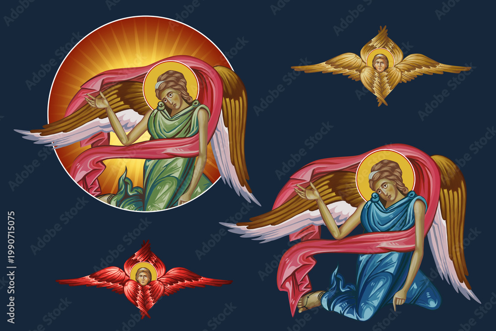 Fototapeta premium Illustration - fresco with angels and seraphim. Set in Byzantine style