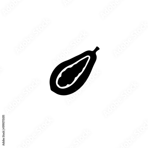 Black and white vector illustration of a papaya fruit cut in half with seeds visible inside.