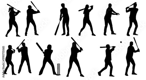 A group of black silhouettes of people playing cricket isolated on transparent background, Vector