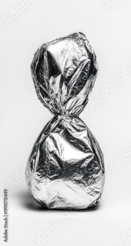 Silver-wrapped confection on white background, creating a playful, stacked form