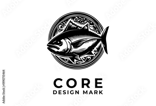 Whole Tuna Fish Icon Presented As Black Vintage Logo Sketch Engraving Vector Illustration For Seafood Branding And Restaurant Design