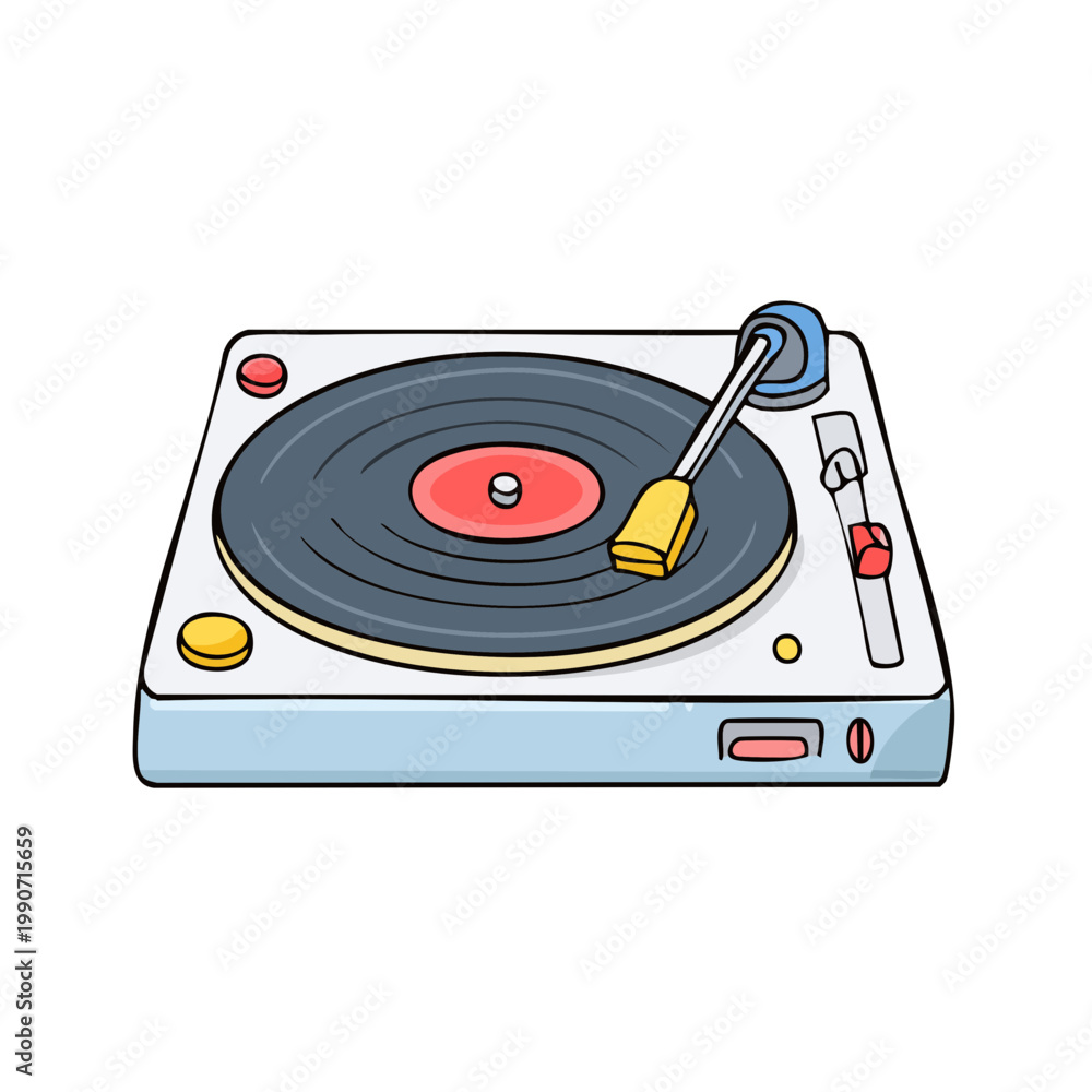 Fototapeta premium Stylized illustration of a white turntable with a spinning vinyl record and stylus