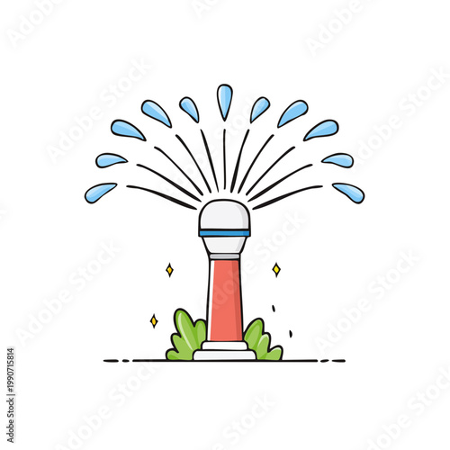 Garden sprinkler spraying water in arcs over green plants with sparkling highlights