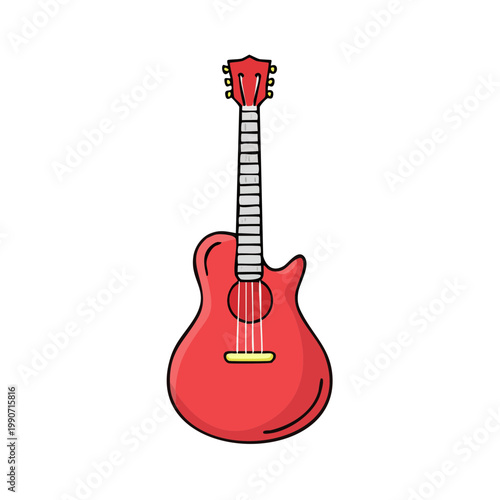 A vibrant red acoustic guitar with a classic body shape and six strings is depicted in a simple, clean illustration.