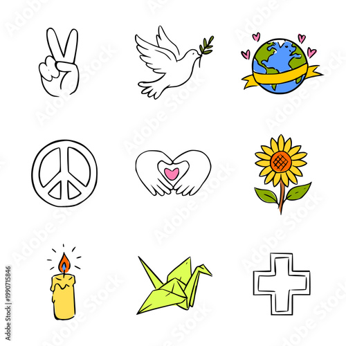 Hand drawn doodle peace icon set isolated on white background