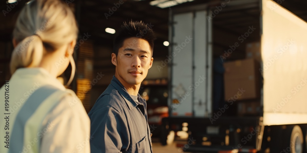Fototapeta premium Man worker looking toward colleague in warehouse yard