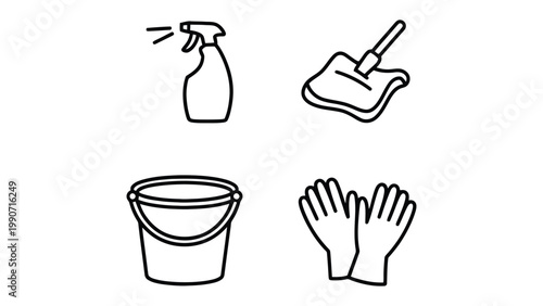 Cleaning Tools Essentials: Illustrated set of cleaning tools essential for home maintenance, featuring a spray bottle, mop, bucket, and gloves.