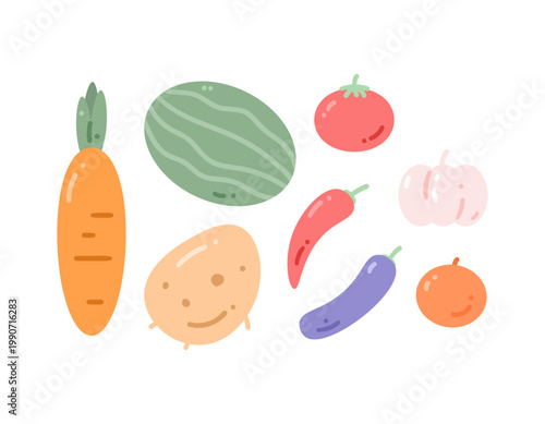 A collection of clipart illustrations or stickers on the theme of harvest. Carrots, watermelons, potatoes, tomatoes, chili peppers, garlic, purple eggplant, oranges. Fruits and vegetables. Symbols