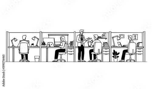 Modern office cubicle workspace line art with employees and supervisor in partition desks minimalist vector illustration