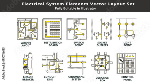Electrical system vector icons set, top view wiring layout symbols, distribution board, switches, sockets, circuit breaker, grounding, control panel CAD