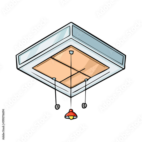 Modern square ceiling light fixture with a central hanging lamp and pull cords illustration