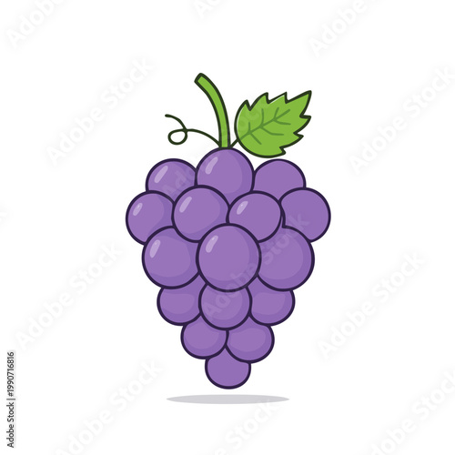 Cartoon purple grape cluster with stem and leaf on white