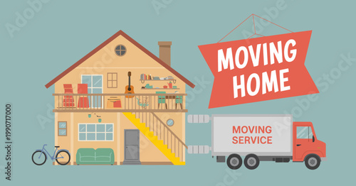 Vibrant cartoon image showing a family home with cutaway rooms and a moving service vehicle