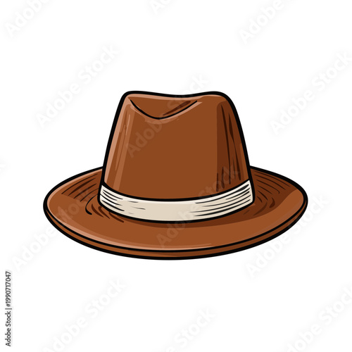 Classic Brown Fedora Hat with White Band Hand Drawn Style