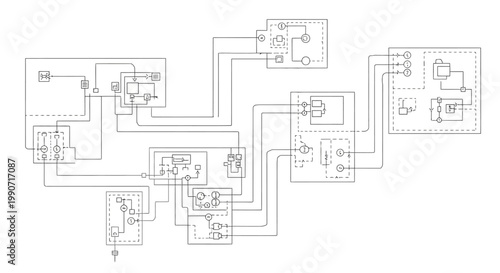 Detailed vector illustration of an automotive electrical system, a CAD design showing wiring and circuit diagrams for engineers, presented as a technical drawing with clean lines