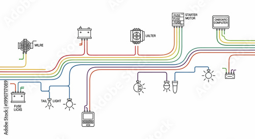 Detailed vector illustration showing an automotive electrical system in a CAD technical drawing, featuring a wiring diagram circuit design for engineers and drafters against a clean white