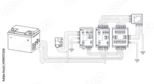 Detailed technical drawing in vector format illustrates an automotive electrical system using Computer Aided Design, showing wiring diagrams and circuit layouts for engineers and designers