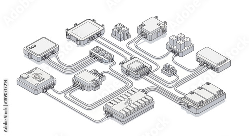 Isometric vector illustration of an automotive electrical system CAD drawing showcasing the wiring diagram circuit, a technical design using computer-aided design on a white background