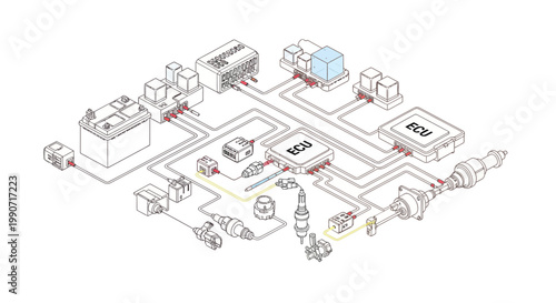 Detailed vector illustration showing an automotive electrical system as a CAD technical drawing, with circuit wiring diagrams connecting various components on a clean white background