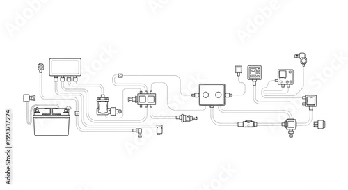 Detailed Computer Aided Design (CAD) vector illustration showing an automotive electrical system with a wiring diagram circuit, designed for architects and engineers on a clean white