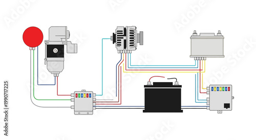 Detailed CAD vector illustration showcasing an automotive electrical system wiring diagram, set against a clean white background, demonstrating circuit design with technical precision
