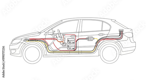 Detailed vector illustration showing a CAD automotive electrical system diagram, a technical drawing with wiring and circuits displayed within a car's frame against a clean white