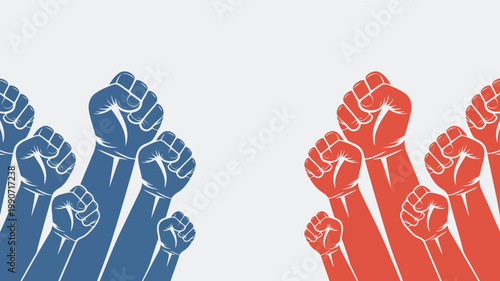 Visual depiction of many blue and red fists raised together conveying powerful messages of solidarity