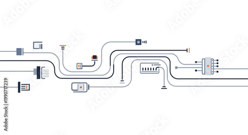 Detailed vector illustration showing an automotive electrical system in a CAD technical drawing style, with wiring diagrams and circuit designs, set against a clean white background