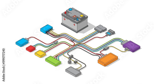 Detailed vector illustration of an automotive electrical system, a CAD technical drawing showcasing wiring and circuit diagrams designed for engineers, architects, and interior designers