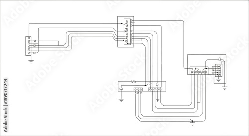 Technical vector illustration of an automotive electrical system, a CAD design with wiring diagram and circuit details, presented on a clean white background for architects and engineers