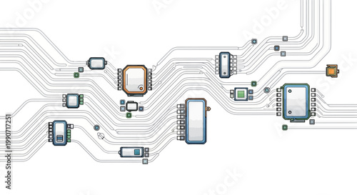 Detailed vector illustration of an automotive electrical system, a CAD technical drawing showcasing wiring and circuit design for engineers, presented against a clean white background