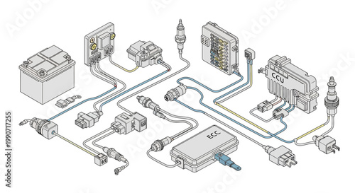 Detailed vector illustration of an automotive electrical system depicted in a CAD technical drawing, showcasing wiring diagrams and circuit layouts for architects and engineers on a clean