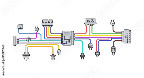 Detailed vector illustration of an automotive electrical system wiring diagram, a CAD technical drawing with colorful circuits and connectors, presented against a clean white background