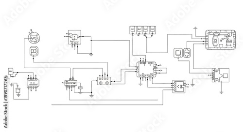 Detailed vector illustration of an automotive electrical system diagram, a technical drawing created with Computer Aided Design for Architects and engineers, displayed with a clean