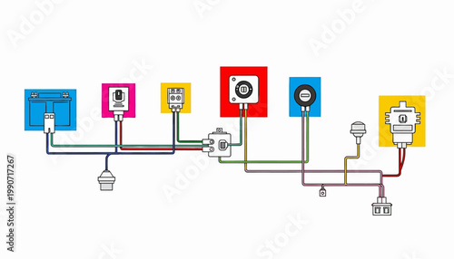A vector CAD illustration presents an automotive electrical system diagram, showcasing wiring and circuit connections with colorful icons against a clean white background