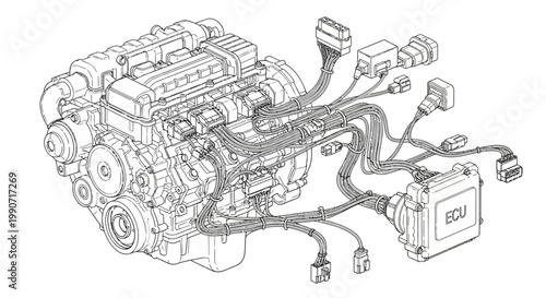 Detailed vector illustration of an automotive electrical system CAD drawing, showcasing wiring and circuit diagrams in a technical design with clean lines, ideal for architects, engineers