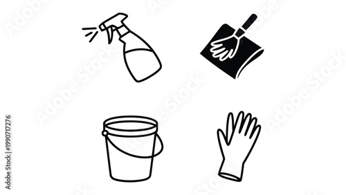 Cleaning Tools Illustration: An elegant collection of cleaning supplies illustrated, featuring a spray bottle, microfiber cloth, bucket, and glove, ready to tackle any cleaning challenge.
